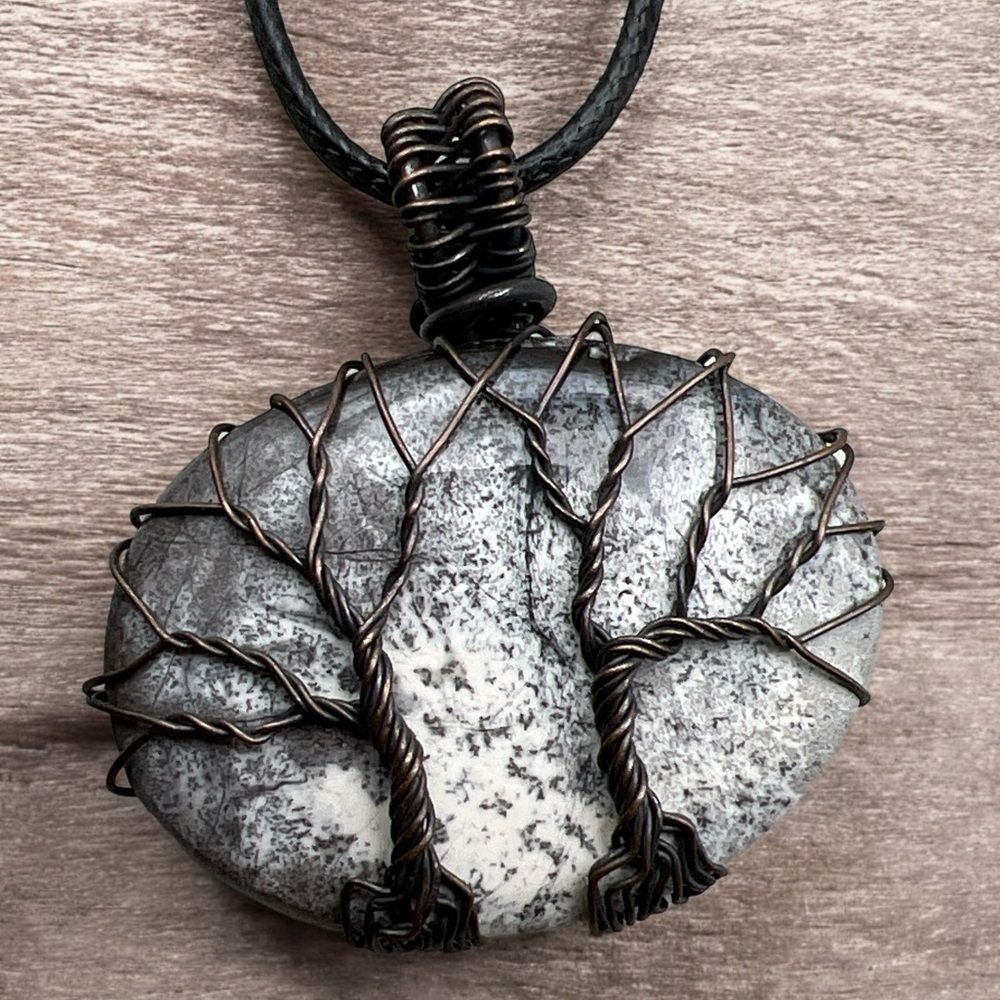 New Dendritic Opal Stone Wire Wrapped Tree of Life Pendant Necklace with Cord